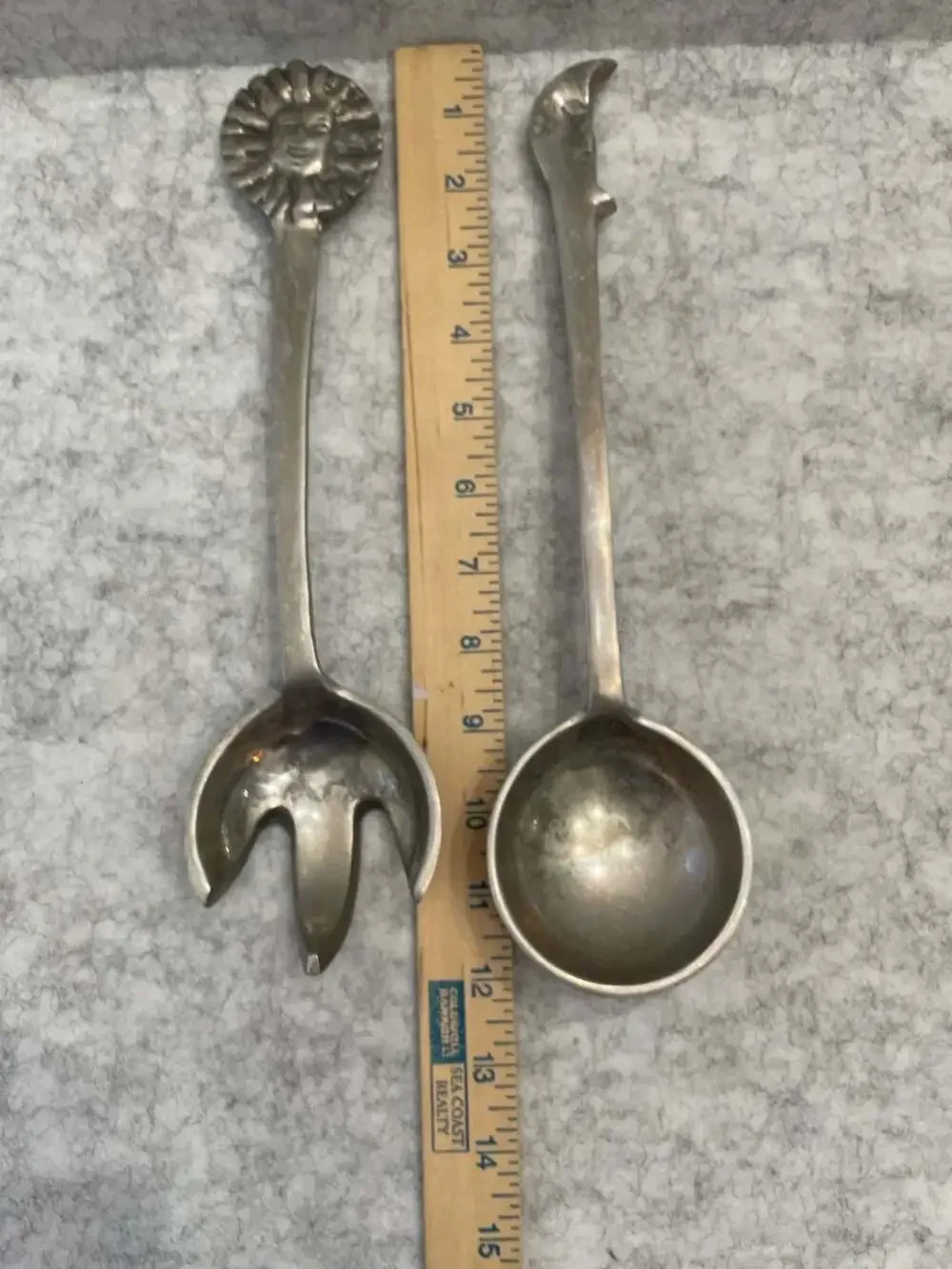 Vintage Sun and Moon Cast Aluminum Salad Serving Fork and Spoon Set folk art NU